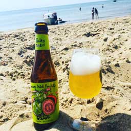 Guava beer bottle and glass on the beach with sea behind