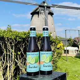 Lime Wheat beer bottles in front of a Dutch windmill