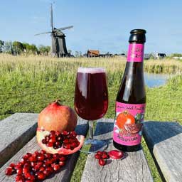 Pomegranate beer bottle in front of Dutch windmill