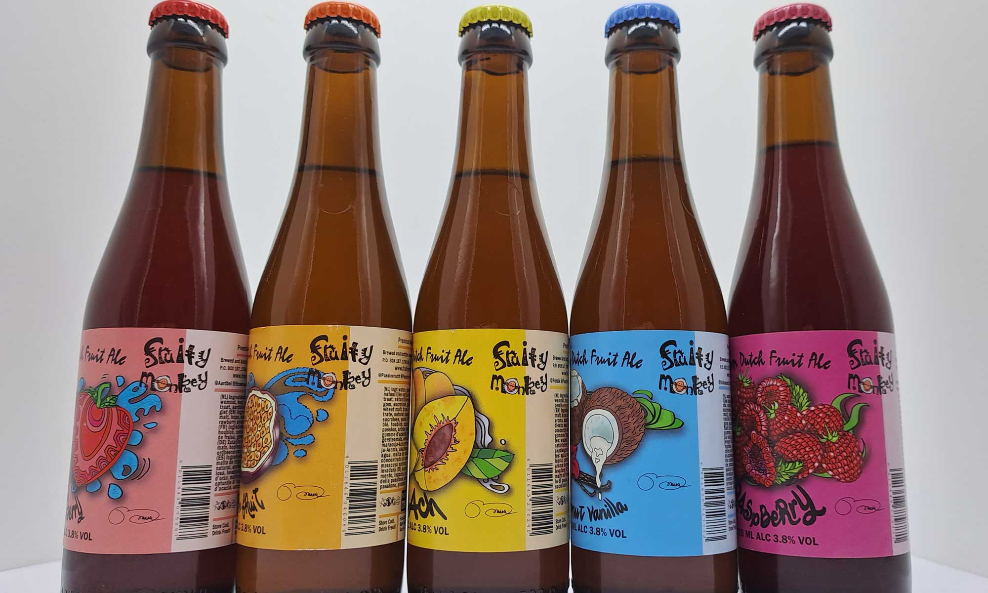 A fruity-fresh batch of five brightly coloured bottles beer.