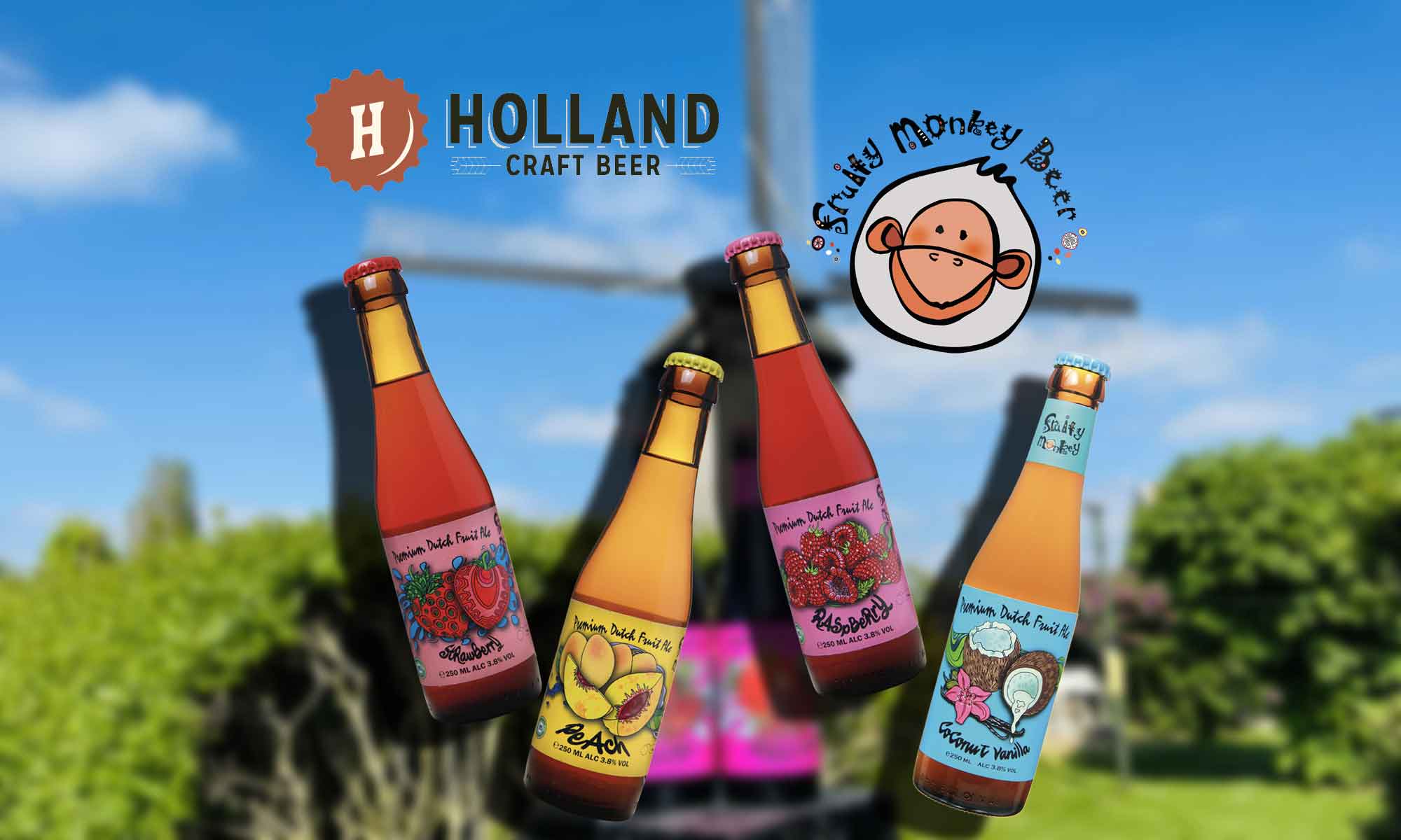 Holland Craft Beer & Fruity Monkey Beer logos in front of blurred windmill with four bottles of fruit beer.