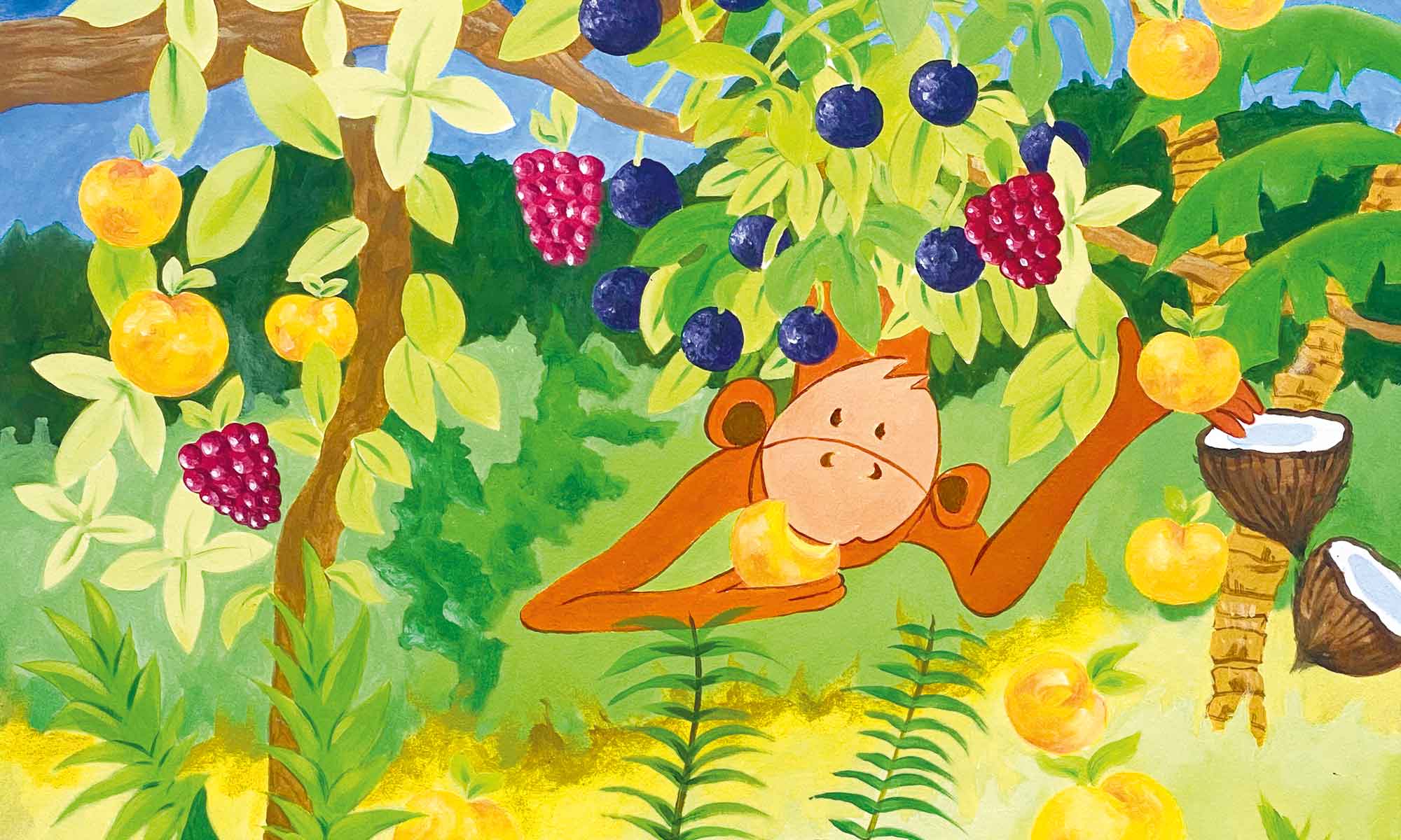 Painting of a monkey in a tree with various fruits which inspired the origins of Fruity Monkey Beer