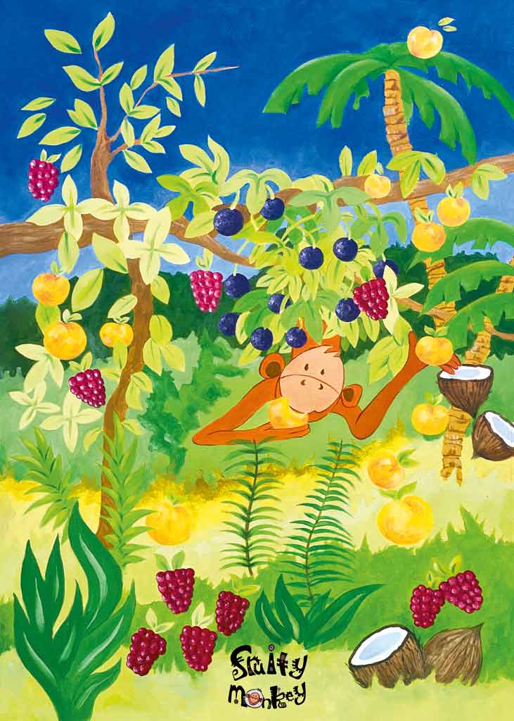 Painting of a monkey in a tree with various fruits which inspired the origins of Fruity Monkey Beer