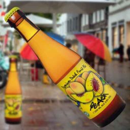 A bottle of Peach 'Fruity Monkey Beer' in front of a blurred autumn scene.