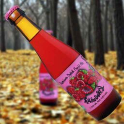 A bottle of Raspberry 'Fruity Monkey Beer' in front of a blurred autumn scene.