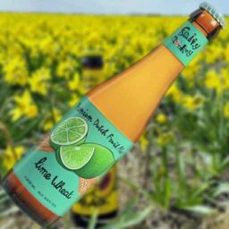 A bottle of Lime Wheat 'Fruity Monkey Beer' in front of a blurred summer scene.